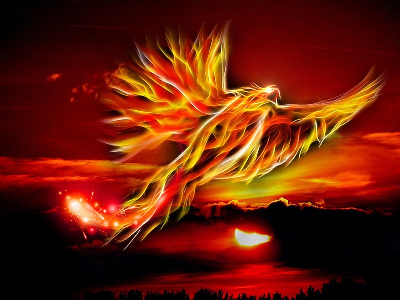 A brilliant Phoenix dressed in red, orange and yellow flames